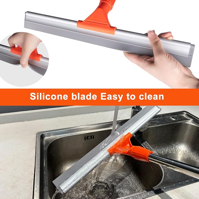 BITOPE Floor Squeegee for Cleaning, 17.3" Heavy-Duty Squeegee for Floor, Silicone Scrubber Broom with 5 Ft Stainsless Steel Long Handle for Bathroom, Glass Windows, Tile, Garage, Deck