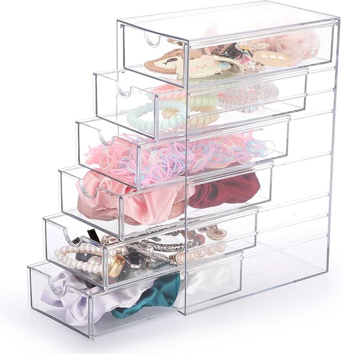 Hipiwe Plastic Drawer Organizer Desktop Storage Box with 6 Pull Out Drawers | Clear Compact Drawers Box for Cabinet Vanity Bathroom Bedroom Pantry Shelf Office Closet Organization