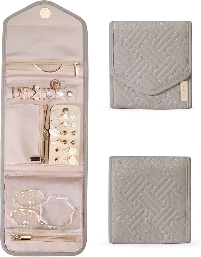 BAGSMART Travel Jewelry Organizer Case Foldable Jewelry Roll for Journey Rings, Necklaces, Earrings, Bracelets,Mini,Warm Gray