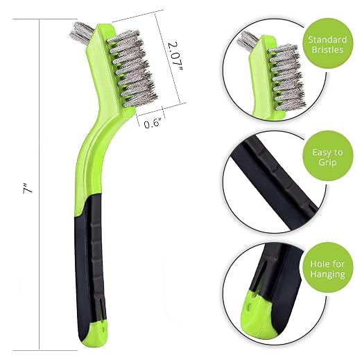 Wire Brush Set 3Pcs - Nylon/Brass/Stainless Steel Bristles with Curved Handle Grip for Rust, Dirt & Paint Scrubbing with Deep Cleaning – 7 Inches (Green)