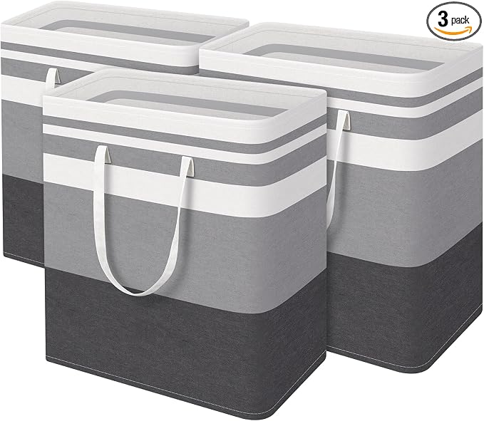 BlissTotes 3-Pack Laundry Basket, Collapsible Laundry Hamper, Grey, 125L | Laundry Clothes Hamper, Hampers for Bedroom, Freestanding Hamper with Handles, Clothes Laundry Basket