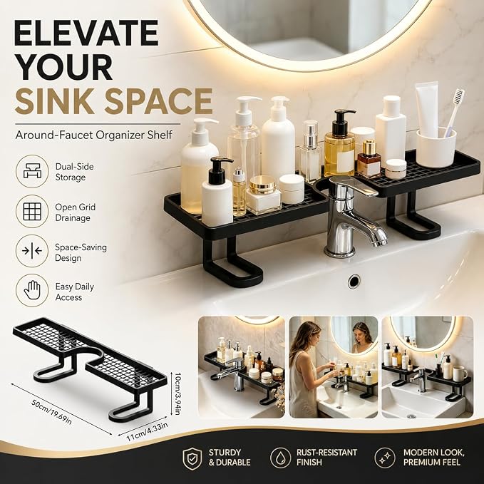 Over Sink Faucet Storage Rack, 2027 New No-Drill Free Standing Faucet Storage Shelf, Space-Saving Bathroom Countertop Organizer for Kitchen & Bathroom, Easy Drainage (Black)
