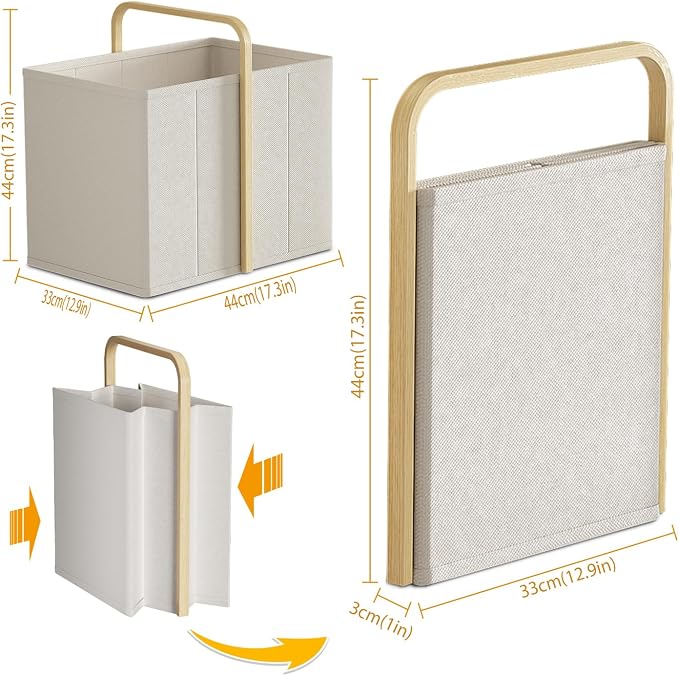 Collapsible Laundry Baskets with Handles 65L Portable Bamboo Laundry Hamper Oxford Fabric Foldable Laundry Bin Portable Cloth Baskets for Storage for Laundry Room Bedroom Living Room White