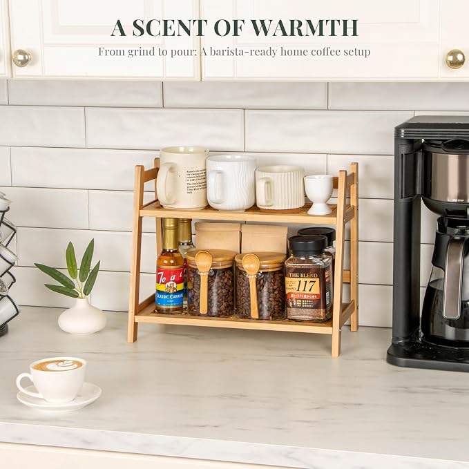 ANBOXIT Matcha Station Organizer, Countertop Bamboo Coffe & Tea Station | Rattan-Look 2 Tier Mug Holder Display Stand for Kitchen Condiment, Coffee Accessories, Home, Office