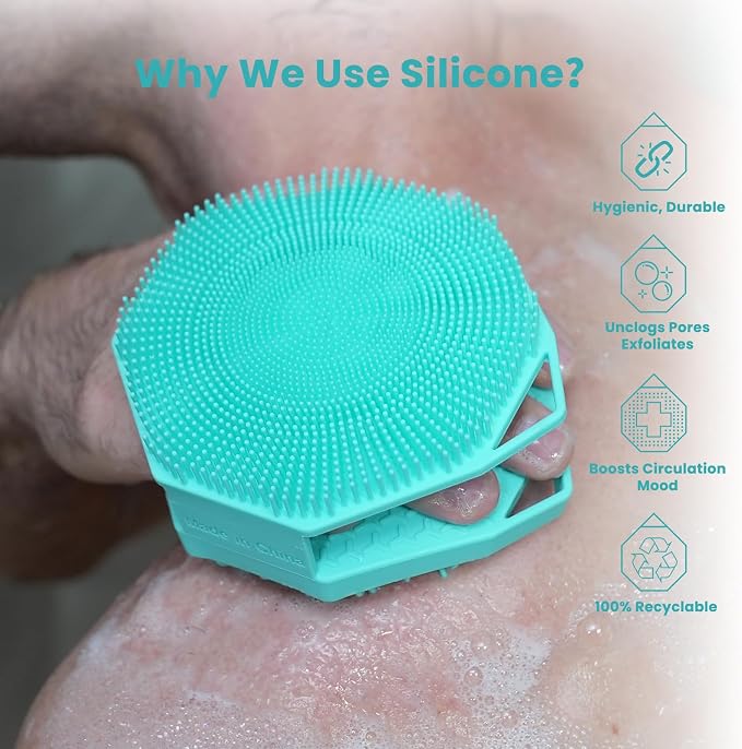 iTokGoK® Premium Silver-Infused 2-in-1 Silicone Body Scrubber, Double-Sided Design Body Brush Silicone Body Scrubber Exfoliating Body Brushes for All Skin for Showering, Lathers Well - Mint Green