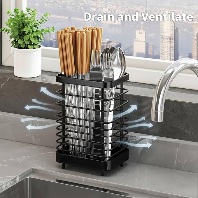 Kitchen Utensil Drying Rack, 18/8 Stainless Steel Utensil Holder Chopsticks Spoon Fork Knife Drainer Basket Flatware Storage Drainer, Dish Drainer for Kitchen Counter (Black)