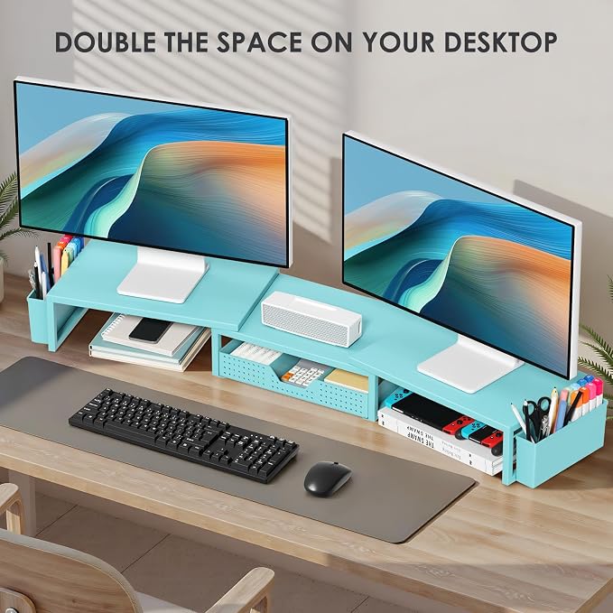 OPNICE Desk Organizers and Accessories, Dual Monitor Stand Riser with Drawer and 2 Pen Holders, Desk Shelf Computer Monitor Stand for Office Workspace Organizers, Desktop Organization (Blue)