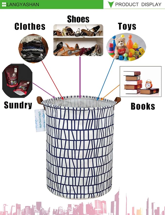 Round Laundry Basket Collapsible Storage Hamper Organizer Blue Stripes | Waterproof Canvas Foldable Baskets with sturdy Handles Multi-scene Organizer for Home Play Bedroom Gift Bin