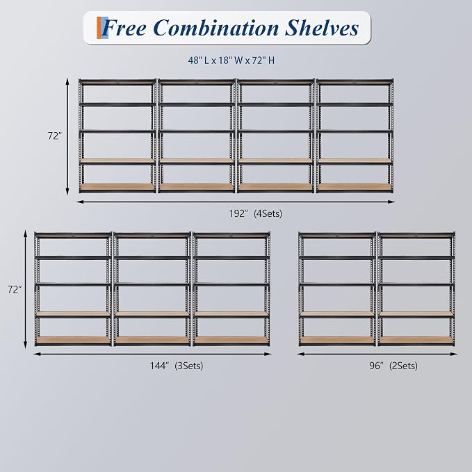 Heavy Duty Garage Storage Shelves, 5-Tier Adjustable Metal Shelving Unit | Up to 2500 Lb Capacity, 48" L x 18" W x 72" H Storage Rack for Kitchen, Pantry, Basement, Bathroom & Laundry
