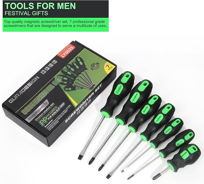 GURADESIGN 7-Piece Magnetic Screwdrivers Set, 4 Phillips and 3 Flat, Professional Cushion Grip Screwdriver Set