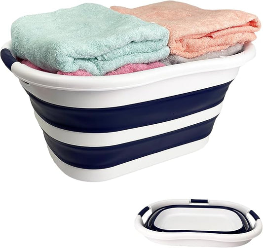 SAMMART 40L (10.5 gallon) Collapsible Plastic Laundry Hamper - Foldable Pop Up Storage Container/Organizer - Portable Washing Tub - Space Saving Basket (1, White/Starry Blue)