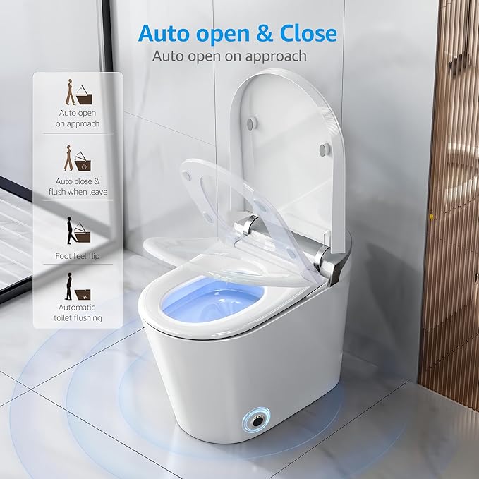 Smart Toilet with Bidet Built-In, Auto Open and Close, Elongated Bidet Toilet with Foot Sensor Flush, Heated Seat, Warm Water, Air Dryer, Foam Shield, Tankless Dual Flush & Remote Control