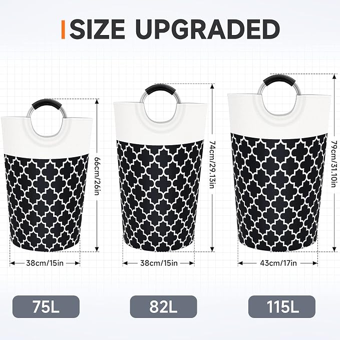 Large Laundry Basket, 82L Tall Collapsible Hamper with Handles, Black | Freestanding Laundry Hamper, Waterproof Dirty Clothes Storage Bag for College, Bathroom, Foldable Washing Bin for Travel