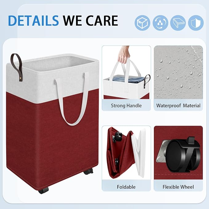 HomeHacks 75L Rolling Laundry Basket with 4 Wheels Collapsible Red | 4 Wheels, Waterproof PEVA Lining, Cotton Flax Fabric, Metal Frame, Bathroom Laundry Room Dorm Storage, Space-Saving Design