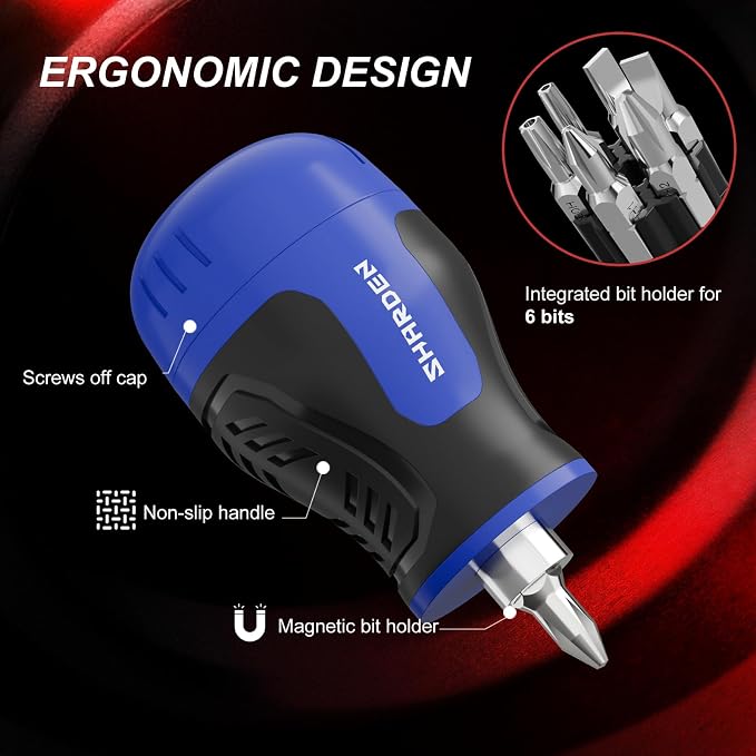 8 in 1 Multi-bit Stubby Screwdriver, Small Short Screw Driver Tool | 6 CRV Bits Phillips, Slotted, Torx, Magnetic Tip Portable All in One Repair Tool Kit for Home DIY Tables, Doors, Chairs