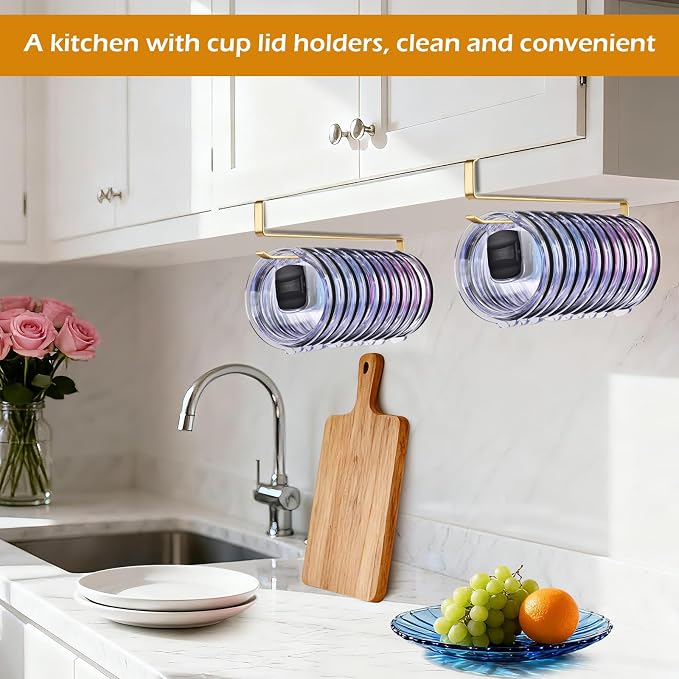 2Pack Tumbler Lid Organizer, Kitchen Space-Saving Cup Holder, Organizers for Under Cabinet Storage, No Glue or Drilling Required (Golden)