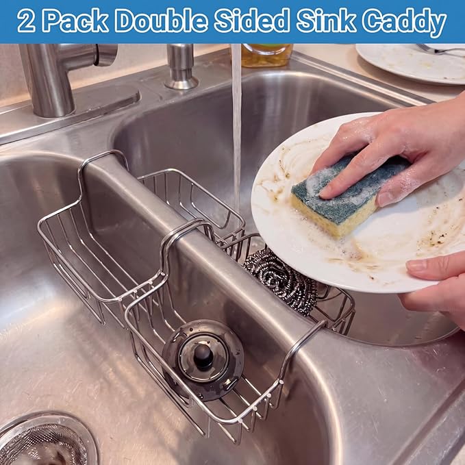 2 Pack Stainless Steel Sponge Holder for Kitchen Sink, Double Kitchen Sink Caddy Saddle for Sponge, Scrubber & Dish Cloth, Rustproof Hanging Organizer for Double Basin, Top Width 1.93"