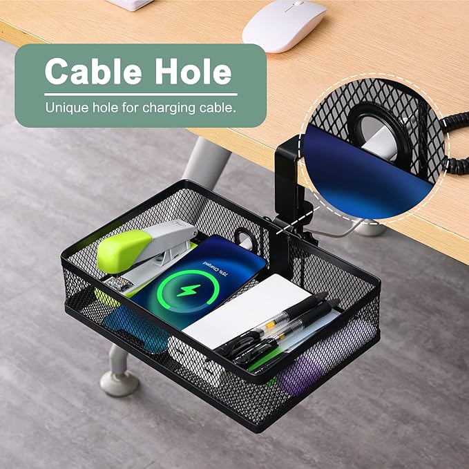 ROSYLINE Under Desk Storage Basket Hanging Drawer Tray, Clamp On Organizer | hickened C-Clamp, High Load No Deformation Sag-Proof, Steel Construction, Clip-On No Drill Mount, Office & Household Storage