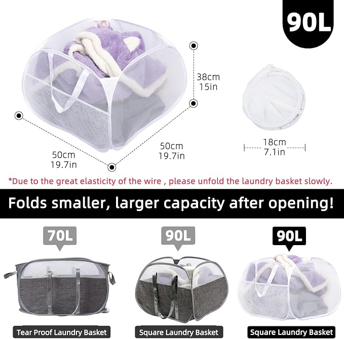 Collapsible Laundry Basket, 90L Mesh Pop-up Hamper with Handles | Foldable Storage Clothes Bag for Laundry, Bathroom, Dorm, Travel, Camping, Space-saving, White