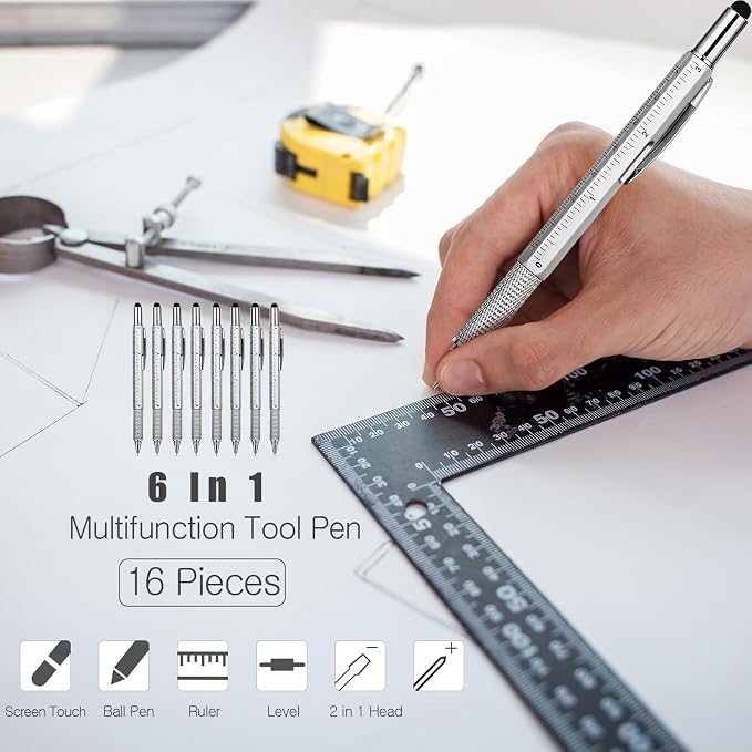 Zhanmai 16 Pcs Multi Tool Pens for Men, 6 in 1 Multitool Ballpoint Pen with Screwdriver Ruler Level Stylus Refills, Bulk Gifts for Employees Office Gadget Supplies Birthday Christmas Stocking Stuffers