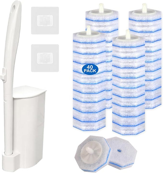 Disposable Toilet Brush and Holder Set, 40 Pre-Filled Refills, 5X Powerful No-Shed Pads, 360° Deep Toilet Bowl Clean, Toilet Bowl Cleaners with Storage Caddy & Adhesive Hooks