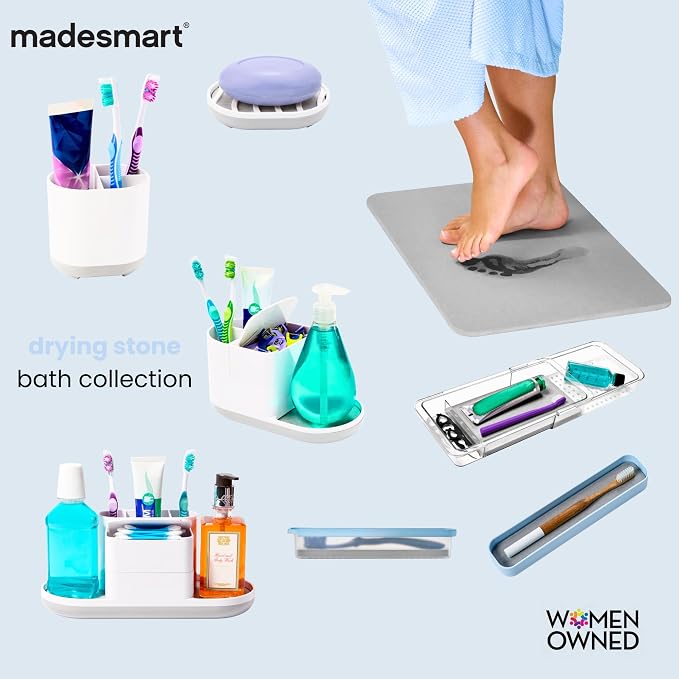 madesmart Expandable Toothbrush Drawer Organizer with Drying Stone, Clear Dental Organizer Tray for Bathroom Drawers, Toothpaste Holder, Dental Floss, Water Flosser and Mouthwash, 12 to 20 Inch