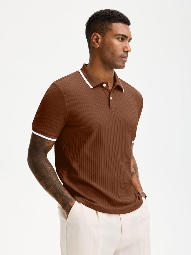 Comdecevis Men's Regular Fit Short Sleeve Knit Polo Shirts | Business casual, lightweight, breathable, stretch textured fabric, moisture wicking, easy care