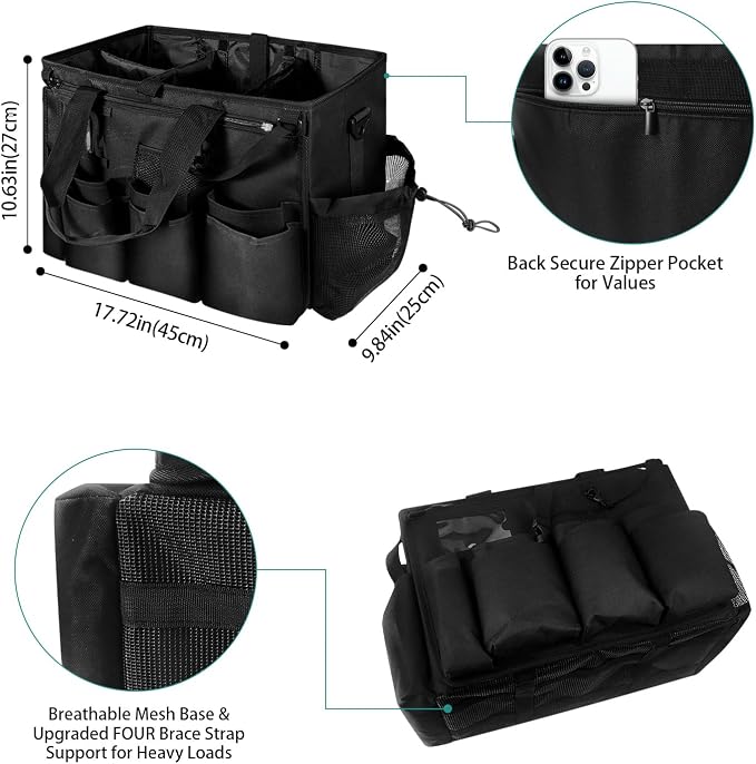 Compact Wearable Cleaning Supplie Bag with Handle Shoulder Straps | Black Cleaner Caddy, Nylon Wear Resistant & Durable, Multiple Pockets Well Organized for Housekeepers, Horse, Cleaners