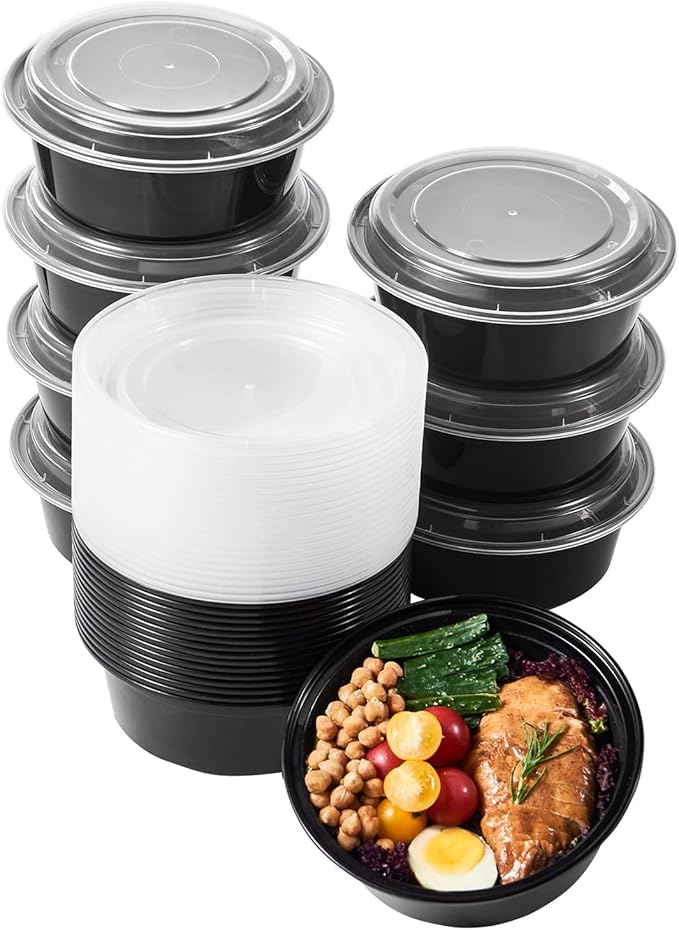 Jaluxing 32 oz 50 ct Round Meal Prep Containers with Lids Plastic Food Storage Lunch Plan To Go Box Disposable Take Out Bowls BPA Free Durable Stackable Microwave Freezer Safe (Formerly FULING)
