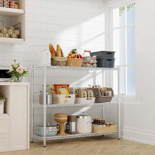 ROOMTEC 3-Tier Wire Shelving Unit,48" W*20" D*47" H,Max Load 1200 lbs | Small Garage Shelves, Heavy Duty Storage Shelf, Adjustable Metal Shelf Rack for Kitchen, Laundry, Pantry, Warehouse, Basement