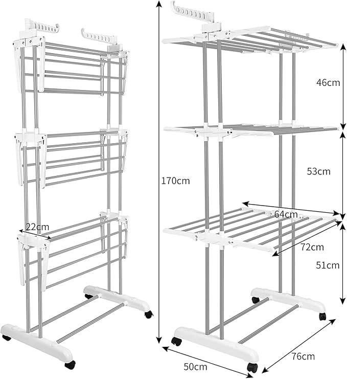 Bigzzia Clothes Drying Rack Folding with Wheels Drying Rack Clothing Clothes Horses Rack Stainless Steel Laundry Drying Rack with Two Side Wings 4 Tier Grey White