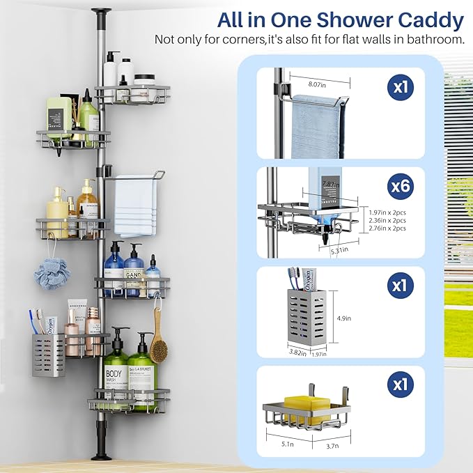 Corner Shower Caddy Organizer Tension Pole, Adjustable 6 Shower Shelves Corner Shelf 30-120Inch Rustproof Shower Rack for Inside Shower, Extra Towel Bar Soap Dish Bathroom Organizers and Storage Gray