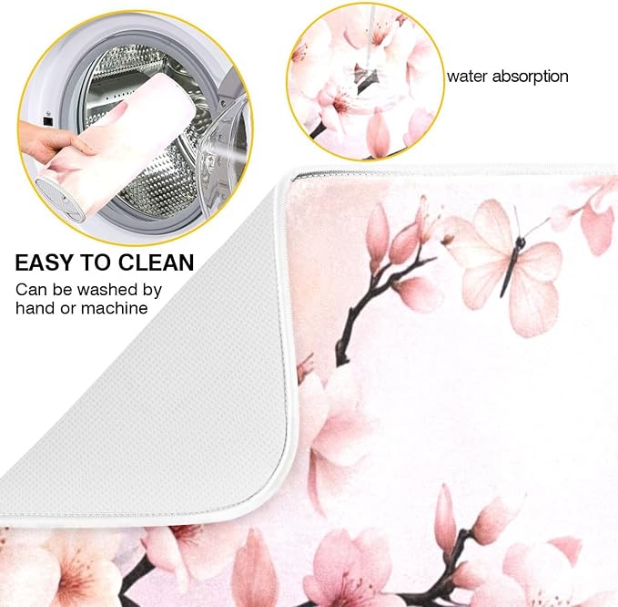 Cherry Blossoms Flowers Dish Drying Mat 18x24 for Kitchen Sakura Branch Pink White Floral Dishes Pad Dish Drainer Rack Mats Absorbent Fast Dry Kitchen Accessories