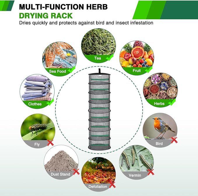 Yesker 8 Layer Herb Drying Rack Hanging Mesh Net Foldable Plant Drying Racks 24" w Green Zipper Pruning Shears Hook Dryer Hanging Rack for Herbs Seed Bud Fruit Clothes Grow Tent Closets Garden Outdoor