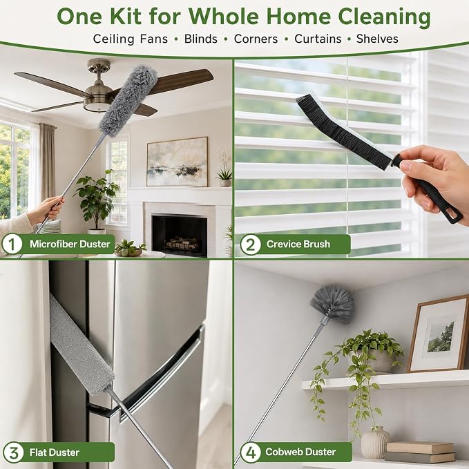 10-Piece Duster with Extension Pole,Cobweb Duster for High Ceilings | Includes spider web brush and flat gap cleaner for fans, blinds, walls, furniture, cars, and under appliance cleaning