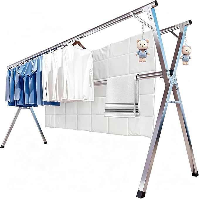 Foldable Clothes Drying Rack, Stainless Steel Laundry Drying Rack | Adjustable 56.3"-95", 20 windproof hooks, heavy-duty rustproof, folds compactly, indoor/outdoor use