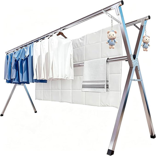 Foldable Clothes Drying Rack, Stainless Steel Laundry Drying Rack | Adjustable 56.3"-95", 20 windproof hooks, heavy-duty rustproof, folds compactly, indoor/outdoor use