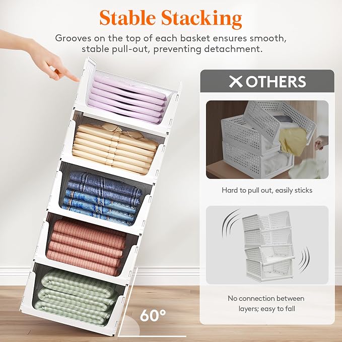 Lifewit 8 Pack Stackable Closet Organizers and Storage Basket for Clothes, Plastic Sweater Storage Bins for Wardrobe, Stacking Clothing Containers for RV, Pantry, Shelf, Kitchen, Dorm, 14" Depth