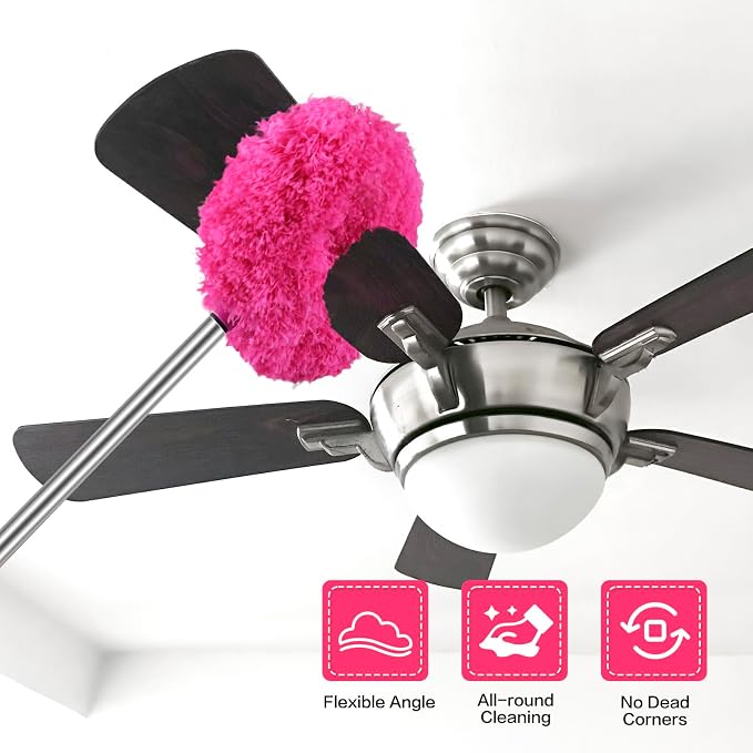 Ceiling Fan Cleaner Duster Reusable Microfiber Ceiling Fan Blade Cleaner Removable Duster with Extension Pole Adjusts 13 to 49.7 Inch for Cleaning Walls Bookshelves Furniture Door Window Top (Rosy)