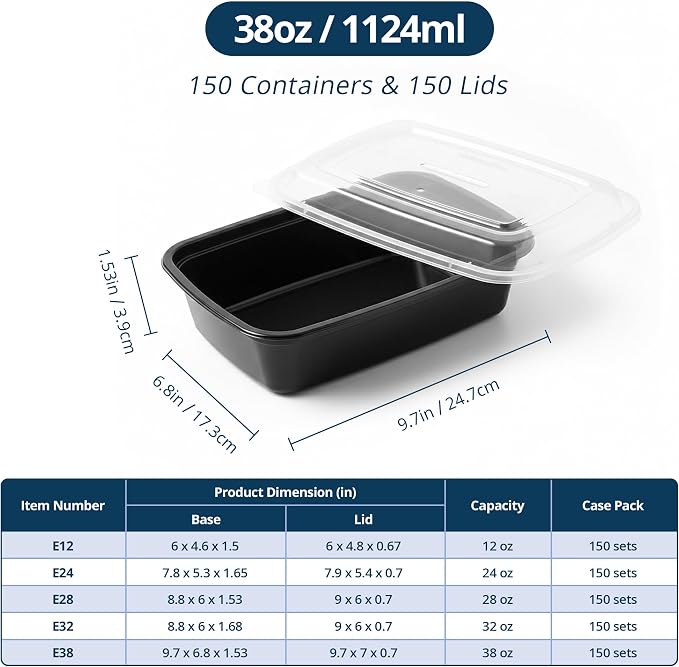 TIYA Food Containers - 38 oz Bulk 150 Pack with Lids - Rectangular Plastic To-Go Containers - Reusable, Microwavable, Dishwasher Safe - Leak-Proof for Meal Prep - BPA-Free