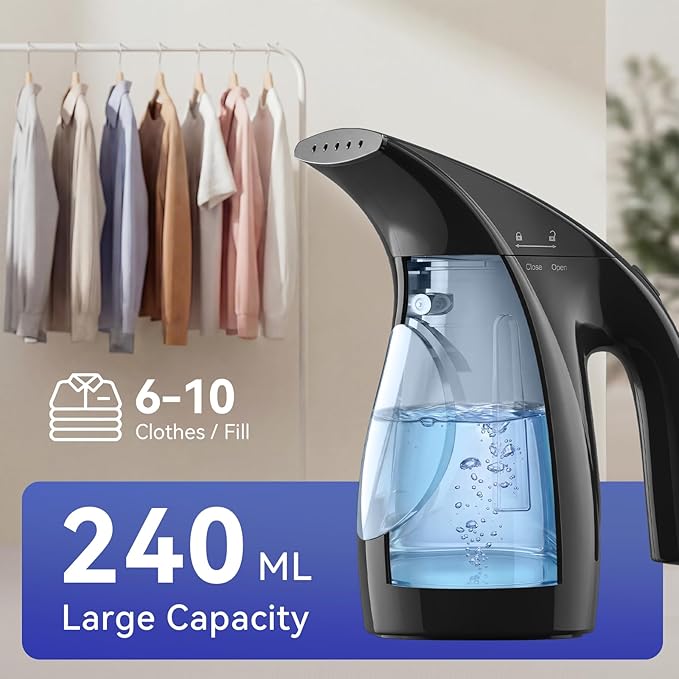 HiLIFE Steamer for Clothes, Portable Handheld Garment Wrinkle Remover, 240ml Big Capacity, 700W, Strong Penetrating Steam, for Home, Office and Travel, ONLY FOR 120V, Ink Black