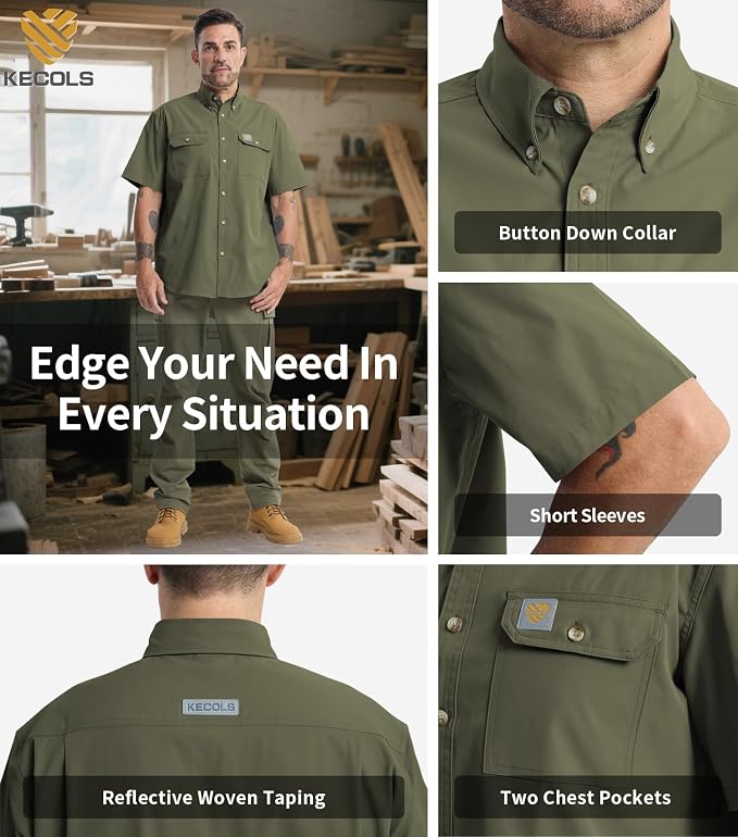 Mens Regular Fit Work Utility Shirt Midweight Short Sleeve Work Wear | Midweight stretch work shirt with reflective trim, 2 secure chest pockets, moisture-wicking comfort, easy-care fabric
