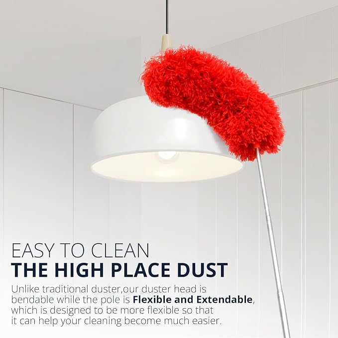 ZZ LAZYCOTTAGE Microfiber Duster with Extension Pole,Washable Bendable Head Ceiling Fan Duster,15-100 inch (Red)