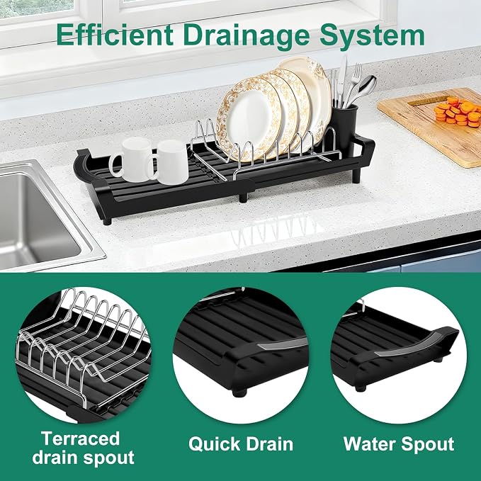 Dish Drying Rack - A Compact, Space-Saving Stainless Steel Rust-Resistant Dish Drainer Specifically Designed for Kitchen and Apartment Countertops/Sink Cabinets,11.42 to 19.9 Inches (Black)