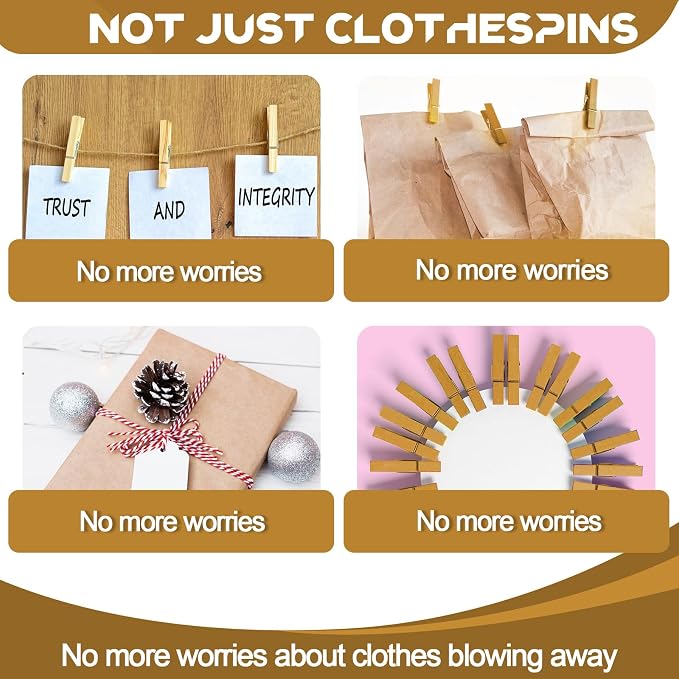 100 Pcs Gold Clothes pins - 2.9 Inch Wooden Clothespins Cheer Clips | Vibrant for Crafts Classroom Decorations Clothing Pictures Laundry Solid Wood No Splinters Fade‑Proof