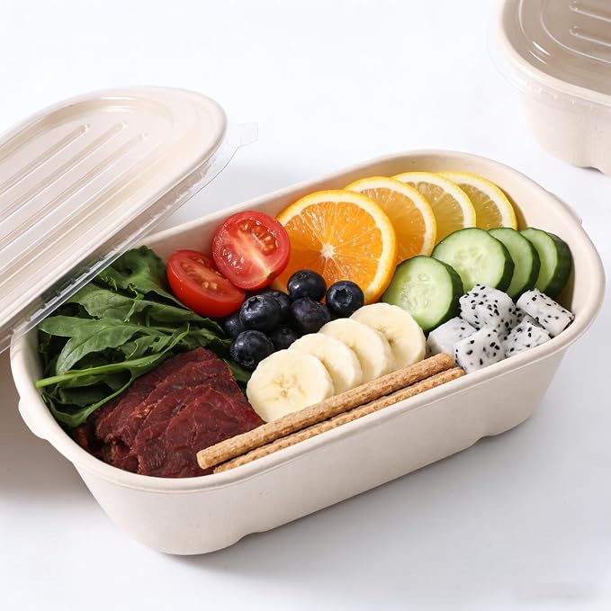 50 Pack Disposable Meal Prep Containers, 23oz Take Out Food Containers with Lid, Microwave Safe Bagasse To Go Paper Bowls Soup Serving Bowls for Salad, Leftovers, Lunch