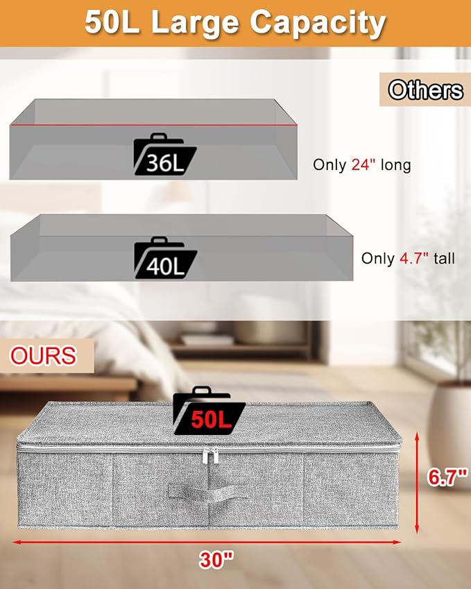 punemi Under Bed Storage, 3 Pack Underbed Storage Container Bags With Lid, Foldable Sturdy Clothes Storage Drawer Organizer W/ 3 Handles, Ultra Thick Fabric Blanket Shoe Storage Box, Grey | Rigid Sides & Bottom, 50L Large Capacity for Evening Gowns & H...