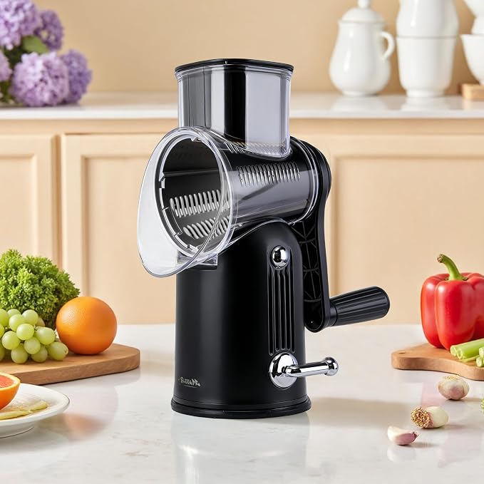 Rotary Cheese Grater with Handle – Includes 5 Stainless Blades and Feature Strong Suction Base – Easy to Clean, Cheese Shredder Hand Crank, Multi-Purpose Slicer (Black)