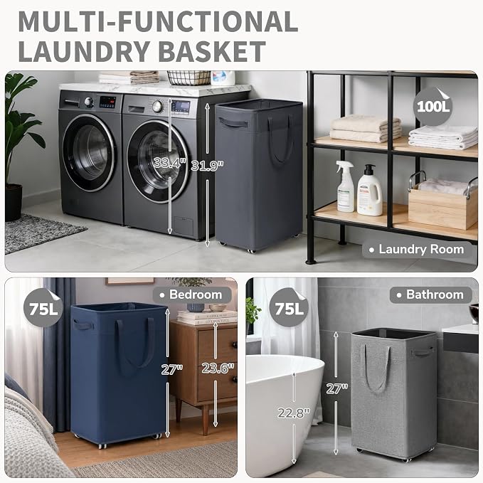 CHICVITA 100L Large Rolling Laundry Basket with Wheels & Wash Bag, Grey | Collapsible design saves space for corners and dorms. Removable wash bag for easy laundry transport