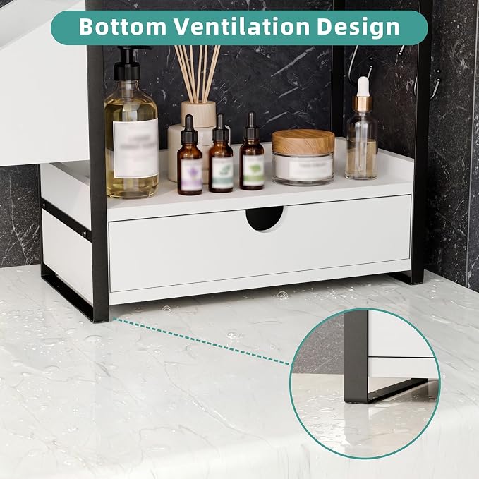 Kottwca 2-Tier Bathroom Counter Organizer with Drawer, Basket & Hooks, Wooden Vanity Shelf for Skincare, Perfume & Makeup Storage(White)